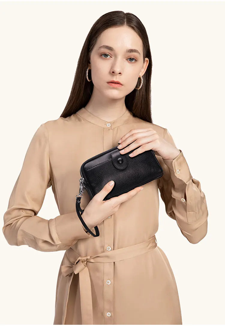 Portefeuille long cuir véritable femme pochette chaîne bandoulière