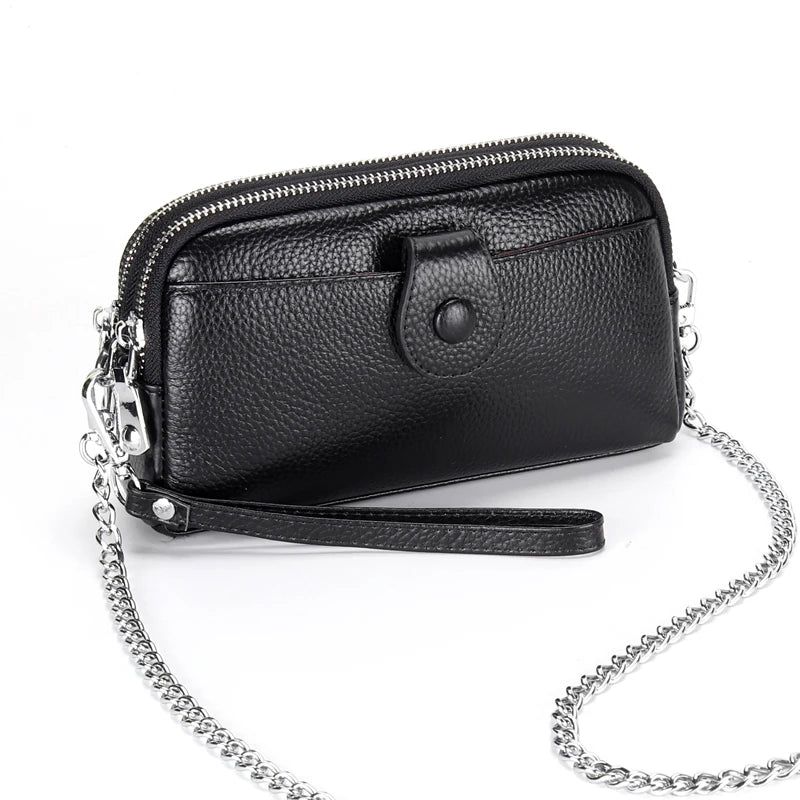 Portefeuille long cuir véritable femme pochette chaîne bandoulière