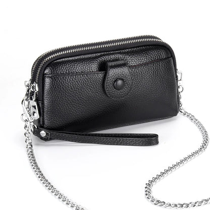 Portefeuille long cuir véritable femme pochette chaîne bandoulière