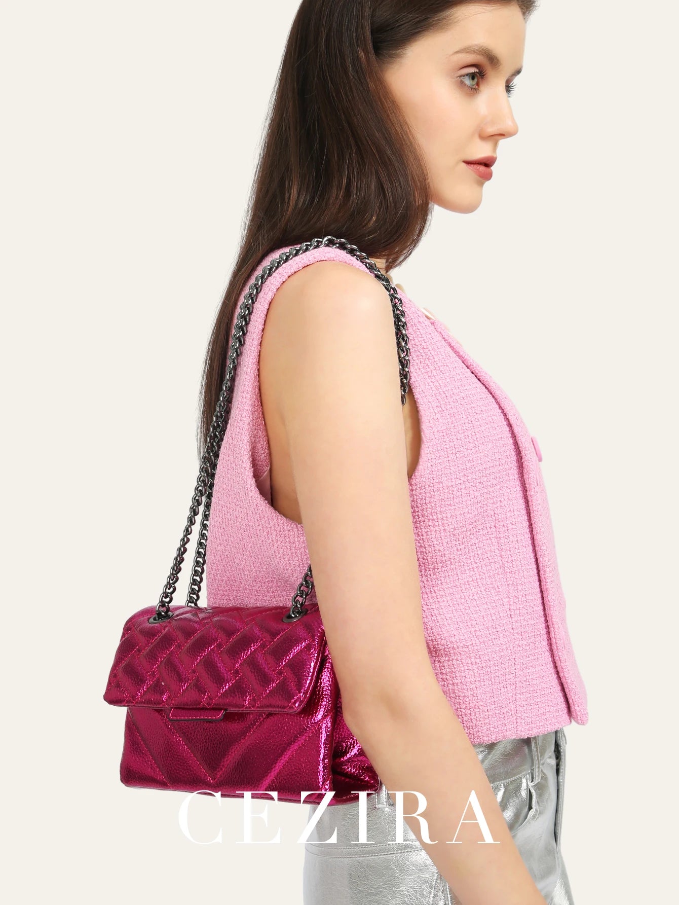 Sac à rabat matelassé métallique chaîne femme