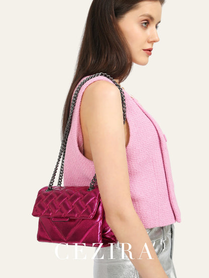 Sac à rabat matelassé métallique chaîne femme