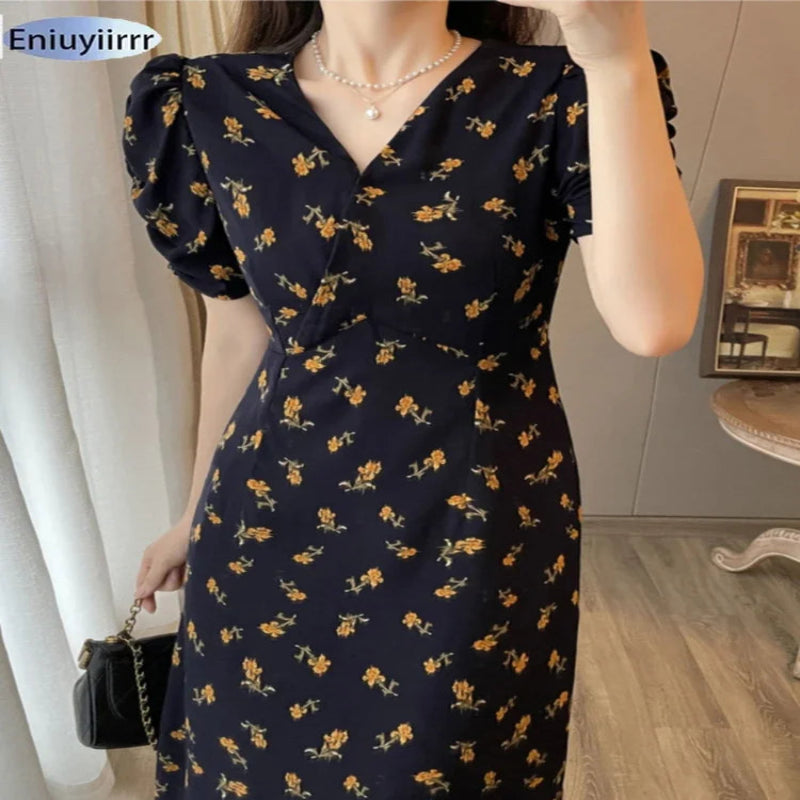 Robe longue florale col V élégante femme