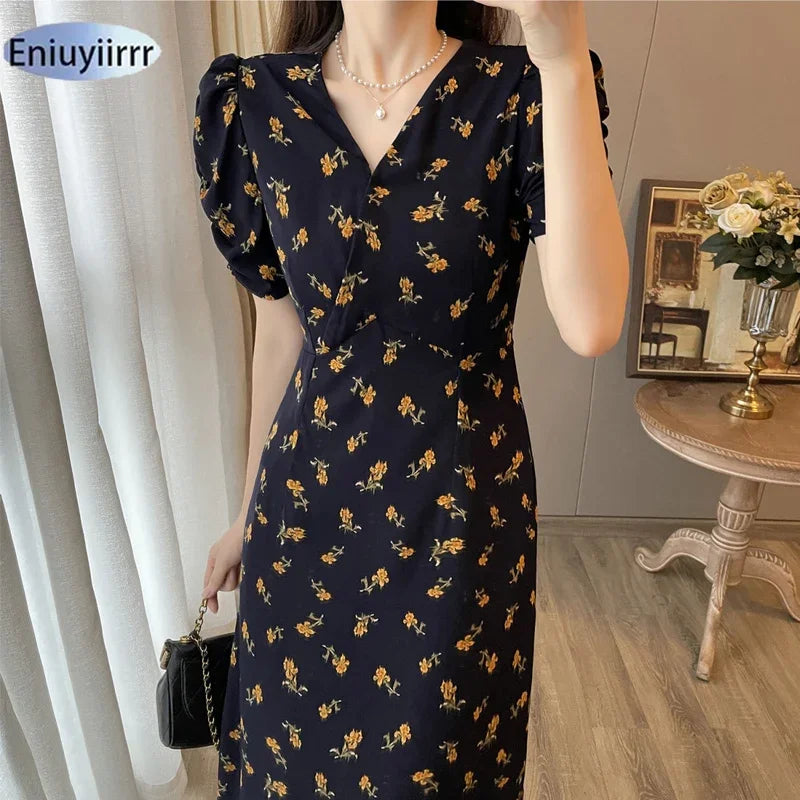 Robe longue florale col V élégante femme