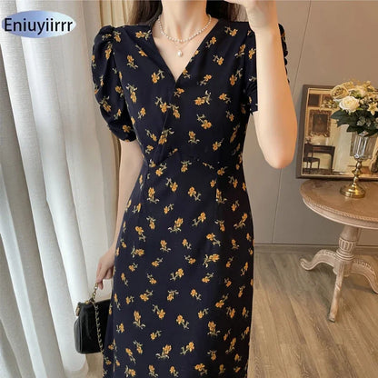 Robe longue florale col V élégante femme