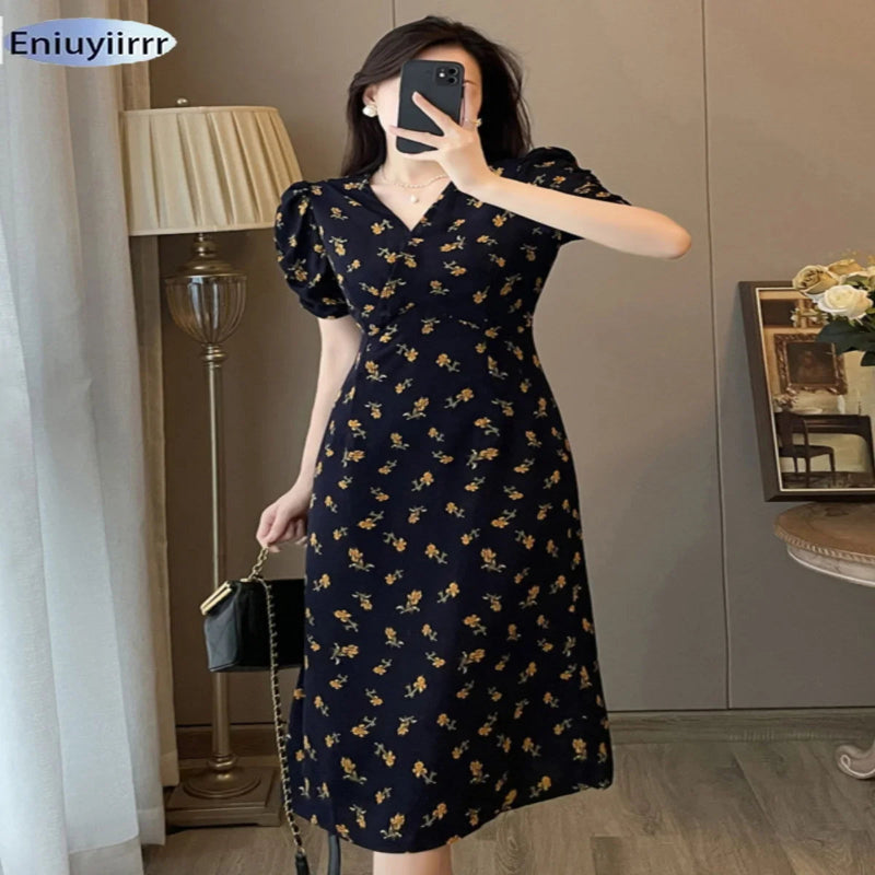 Robe longue florale col V élégante femme