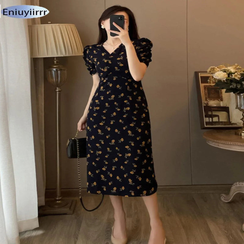Robe longue florale col V élégante femme