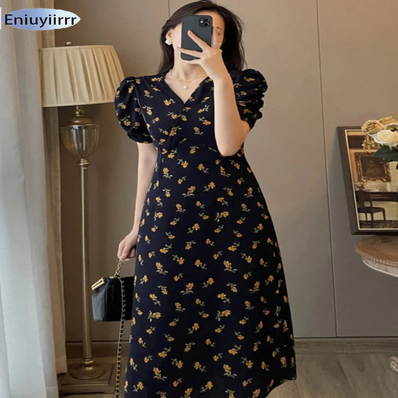Robe longue florale col V élégante femme