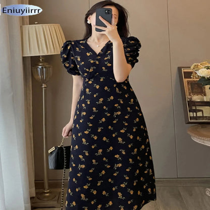 Robe longue florale col V élégante femme