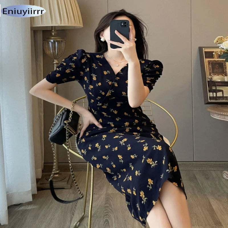 Robe longue florale col V élégante femme