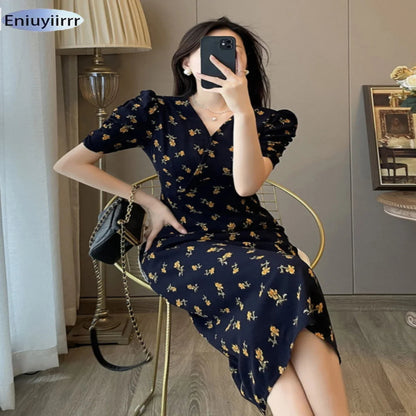 Robe longue florale col V élégante femme